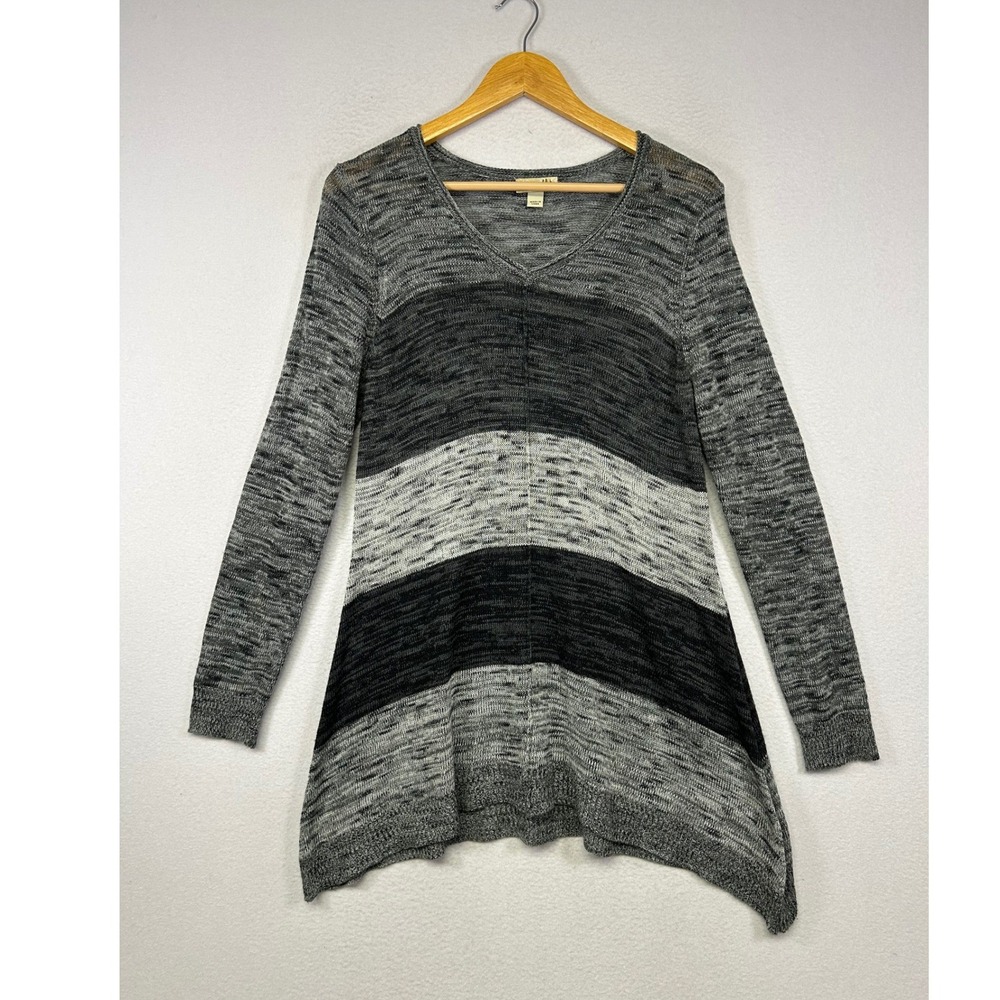 Boho One World Womens L Gray Black Striped Sharkbite Hem V-Neck Tunic Sweater‎
